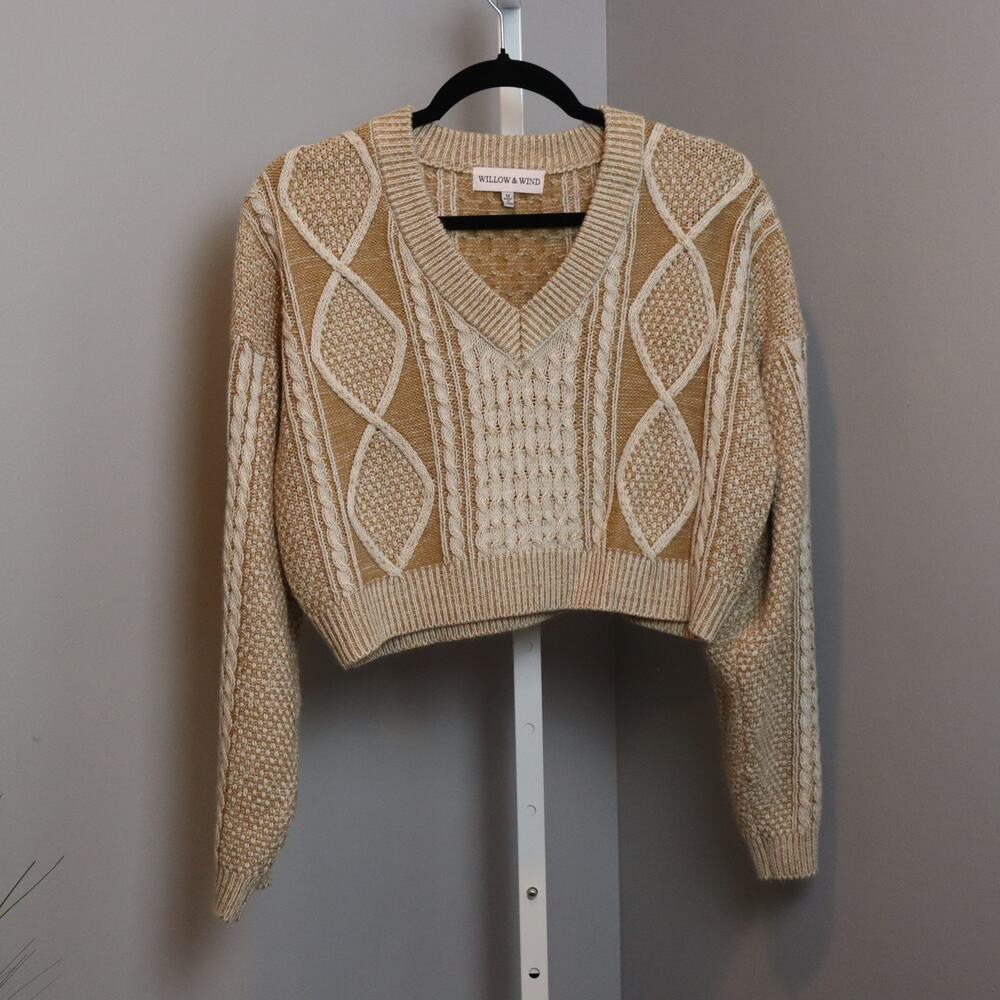 Willow & Wind Tan‎ Cream Cable Knit Cropped V-Neck Sweater Women’s M Acrylic